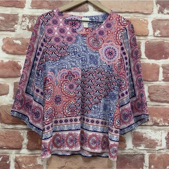 Chicos Top Shirt Womens S Multicolor Boho Floral Mandala Abstract Casual Popover - Picture 1 of 8